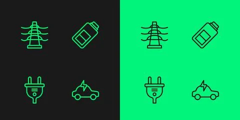 Set line Electric car, plug, tower line and Battery charge icon. Vector Stock Illustration
