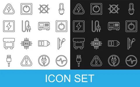 Set line Electric circuit scheme, Electrical panel, light switch, plug Illustrazione stock