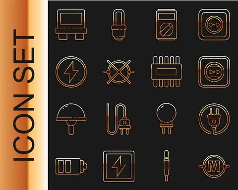Set line Electric circuit scheme, plug, Electrical outlet, Multimeter, Lightning Ilustração Stock