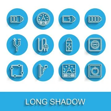 Set line Electric circuit scheme, Electrical panel, Battery charge level in.. Illustrazione stock