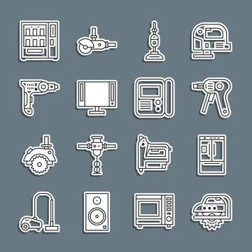 Set line Electric circular saw, Refrigerator, hot glue gun, Vacuum cleaner Stock Illustration