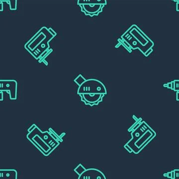 Set line Electric circular saw, jigsaw and drill machine on seamless pattern Stock Illustration
