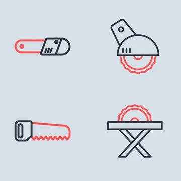 Set line Electric circular saw, Hand,  and Chainsaw icon. Vector イラスト素材