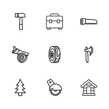 Set line Electric circular saw, Wooden axe, Dog house, Tree rings, Hand, Ha.. 스톡 일러스트
