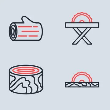 Set line Electric circular saw, Wooden logs,  and  icon. Vector Illustrazione stock