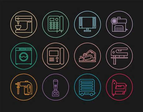 Set line Electric construction stapler, jigsaw, Smart Tv, House intercom sy.. Illustrazione stock