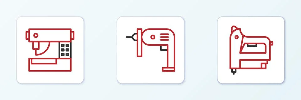 Set line Electric construction stapler, Sewing machine and drill icon. Vector Stock Illustration