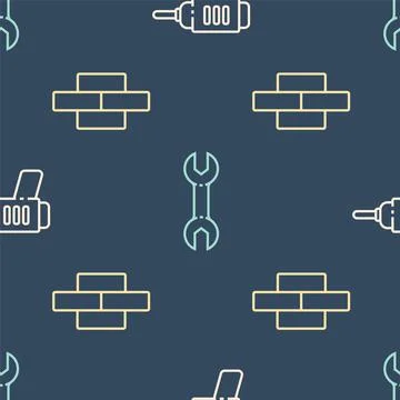 Set line Electric drill machine, Bricks and Wrench spanner on seamless pattern Stock Illustration