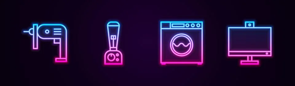 Set line Electric drill machine, Blender, Washer and Computer monitor. Glowing Illustrazione stock