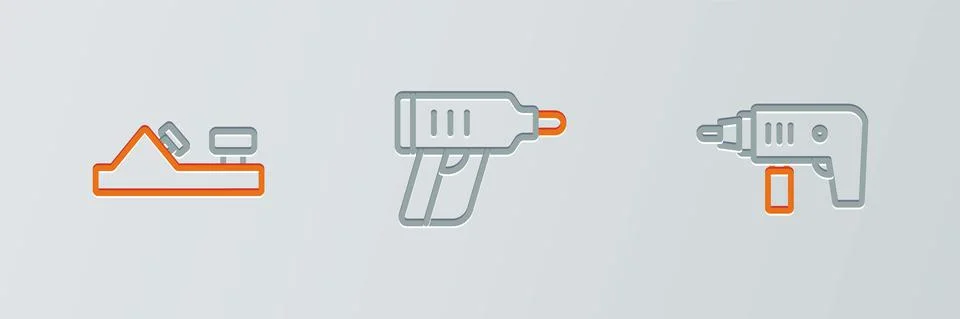 Set line Electric drill machine, Wood plane tool and cordless screwdriver icon Stock Illustration