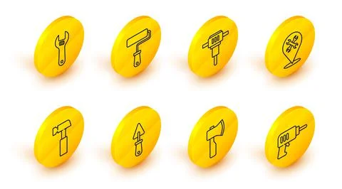 Set line Electric drill machine, Wooden axe, Trowel, Hammer, Location with Stock Illustration
