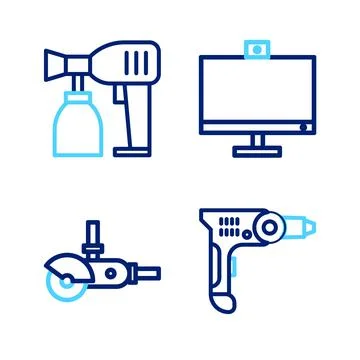 Set line Electric drill machine, Angle grinder, Computer monitor and Paint spray Stock Illustration