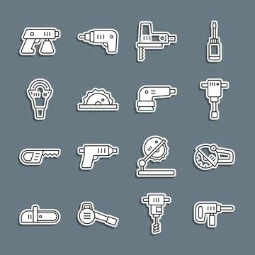 Set line Electric drill machine, Angle grinder, Construction jackhammer, jigsaw Stock Illustration