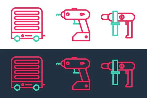 Set line Electric drill machine, heater and cordless screwdriver icon. Vector Stock Illustration