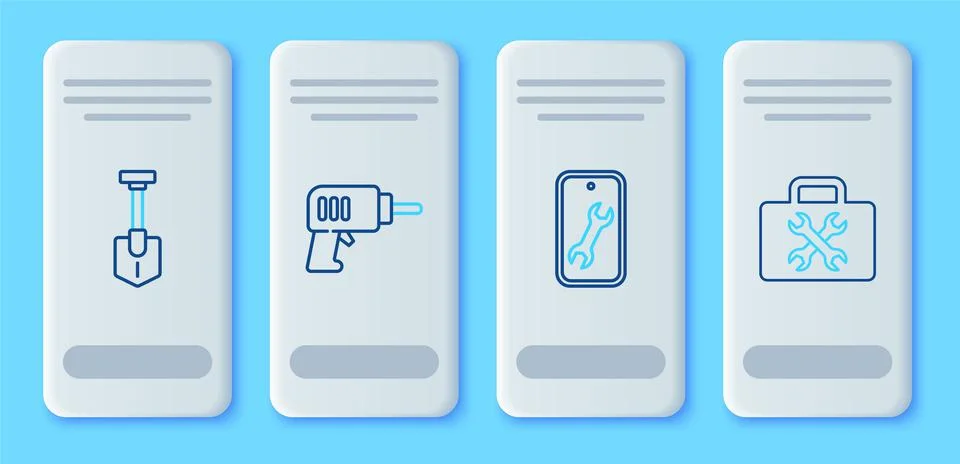 Set line Electric drill machine, Mobile service, Shovel and Toolbox icon. Vec Stock Illustration