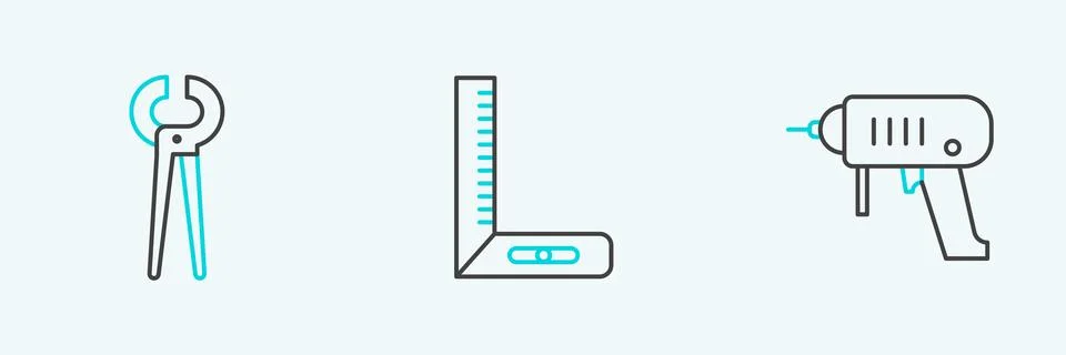 Set line Electric drill machine, Pincers and pliers and Corner ruler icon Stock Illustration