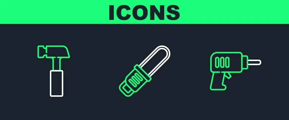 Set line Electric drill machine, Hammer and Chainsaw icon. Vector Stock Illustration