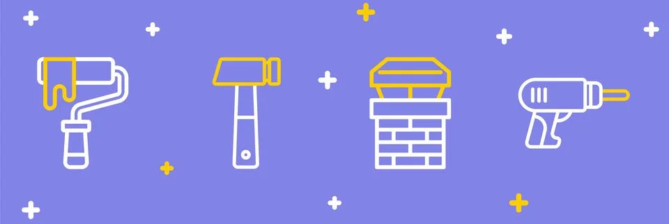 Set line Electric drill machine Chimney Hammer and Paint roller brush icon. V Illustration