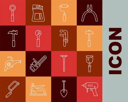 Set line Electric drill machine, Putty knife, Hammer, Paint roller brush, A.. Stock Illustration