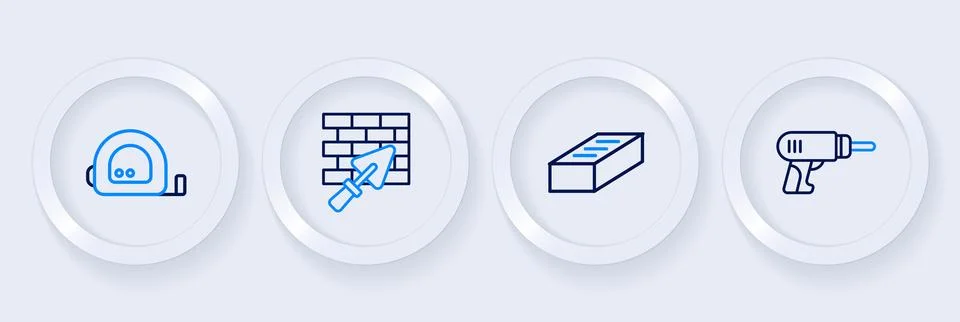 Set line Electric drill machine, Brick, wall with trowel and Roulette const.. Stock Illustration