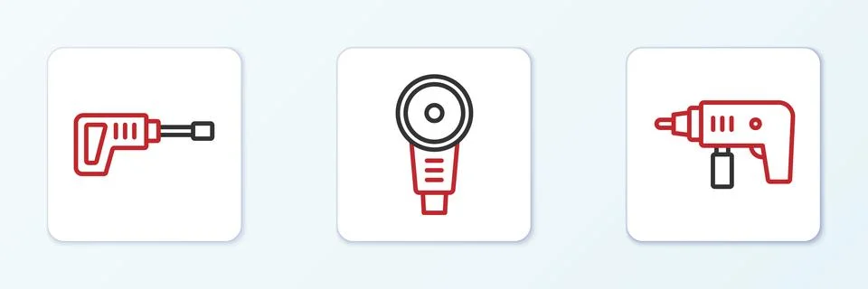 Set line Electric drill machine, Rotary hammer and Angle grinder icon. Vector Stock Illustration