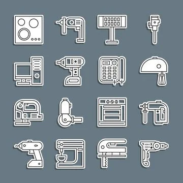 Set line Electric drill machine, Rotary hammer, mixer, heater, cordless scr.. Stock Illustration