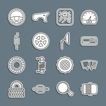 Set line Electric engine, Windscreen wiper, Car door handle, Gear shifter, .. Stock Illustration