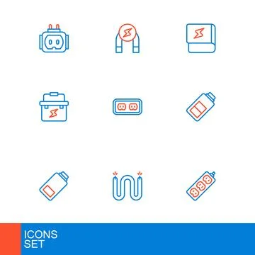 Set line Electric extension, cable, Battery charge, Toolbox electrician, El.. Stock Illustration