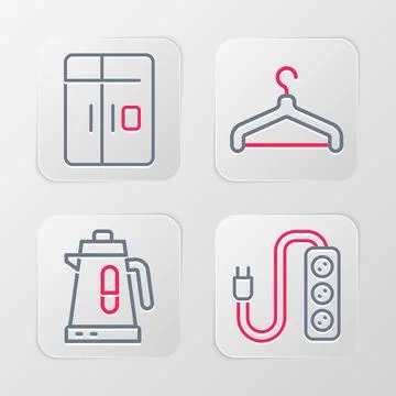 Set line Electric extension, kettle, Hanger wardrobe and Refrigerator icon... Stock Illustration