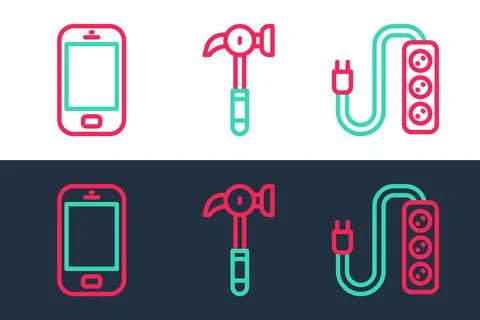Set line Electric extension, Mobile phone and Hammer icon. Vector Stock Illustration