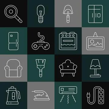 Set line Electric extension, Table lamp, Picture, Spatula, Gamepad, Refrigerator Stock Illustration