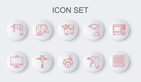 Set line Electric heater, Computer monitor, Nail gun, hot glue, drill machine Stock Illustration