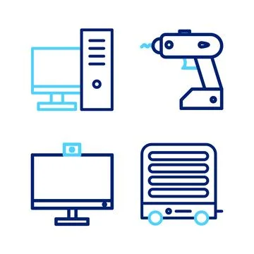 Set line Electric heater, Computer monitor, cordless screwdriver and  icon... Stock Illustration