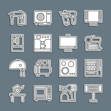 Set line Electric heater, Vending machine, Air compressor, Nail gun, Coffee.. Stock Illustration