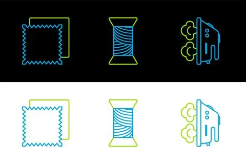 Set line Electric iron, Textile fabric roll and Sewing thread spool icon. Vector 스톡 일러스트