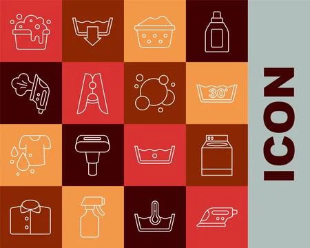 Set line Electric iron, Washer, Temperature wash, Basin with soap suds, Clo.. Stock Illustration