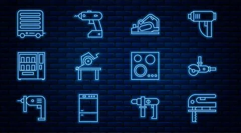 Set line Electric jigsaw, Angle grinder, planer tool, Table for woodwork, V.. Stock Illustration