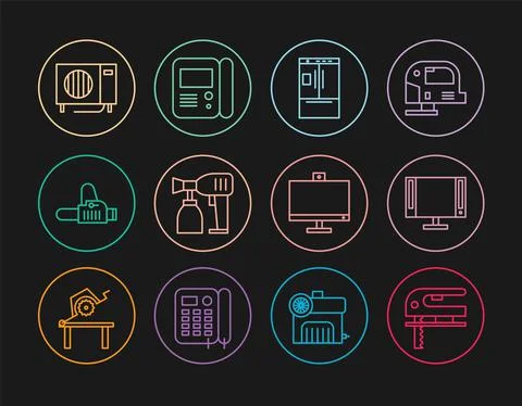 Set line Electric jigsaw, Smart Tv, Refrigerator, Paint spray gun, Chainsaw, Air Stock Illustration