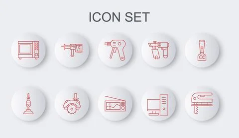 Set line Electric jigsaw, Vacuum cleaner, hot glue gun, Computer monitor, M.. Stock Illustration