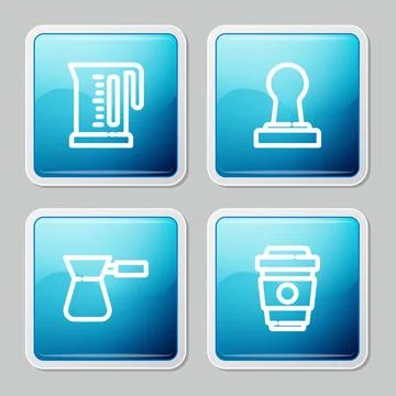 Set line Electric kettle, Coffee tamper, turk and cup to go icon. Vector Illustration
