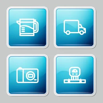 Set line Electric kettle, Delivery cargo truck, Photo camera and Smart sensor Illustrazione stock