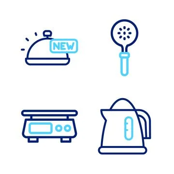 Set line Electric kettle, Electronic scales, Spatula and Covered with tray .. Stock Illustration