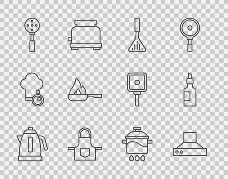 Set line Electric kettle, Kitchen extractor fan, Barbecue spatula, apron, Spa Stock Illustration