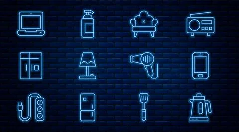 Set line Electric kettle, Mobile phone, Sofa, Table lamp, Refrigerator, Lap.. Ilustração Stock
