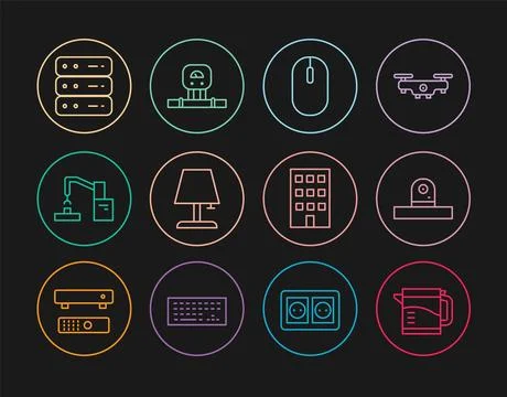 Set line Electric kettle, Security camera, Computer mouse, Table lamp, Robotic Illustrazione stock