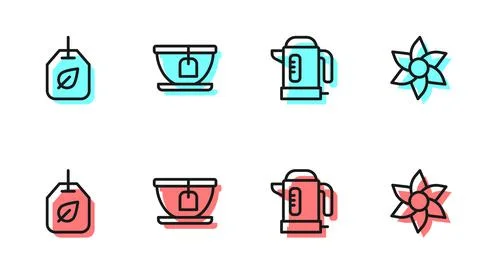 Set line Electric kettle, Tea bag with leaf, Cup tea and Flower icon. Vector Illustration