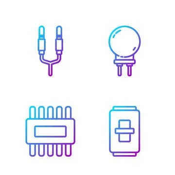 Set line Electric light switch, Processor with microcircuits CPU, Audio jack and Illustrazione stock