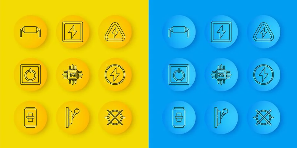 Set line Electric light switch, Processor with microcircuits CPU, scheme Ilustração Stock