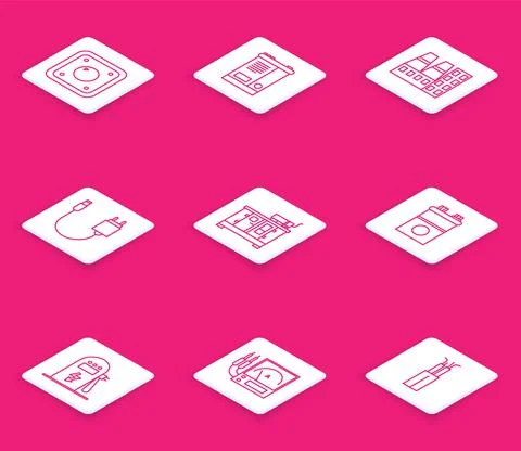 Set line Electric light switch, Car battery, Power station plant and factory Illustration