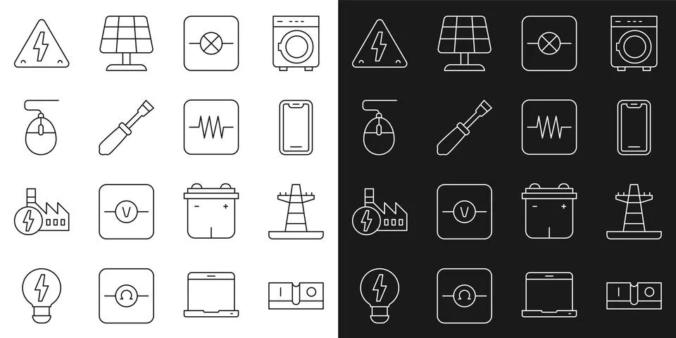 Set line Electric light switch, tower line, Mobile phone, Lamp electronic Stock Illustration